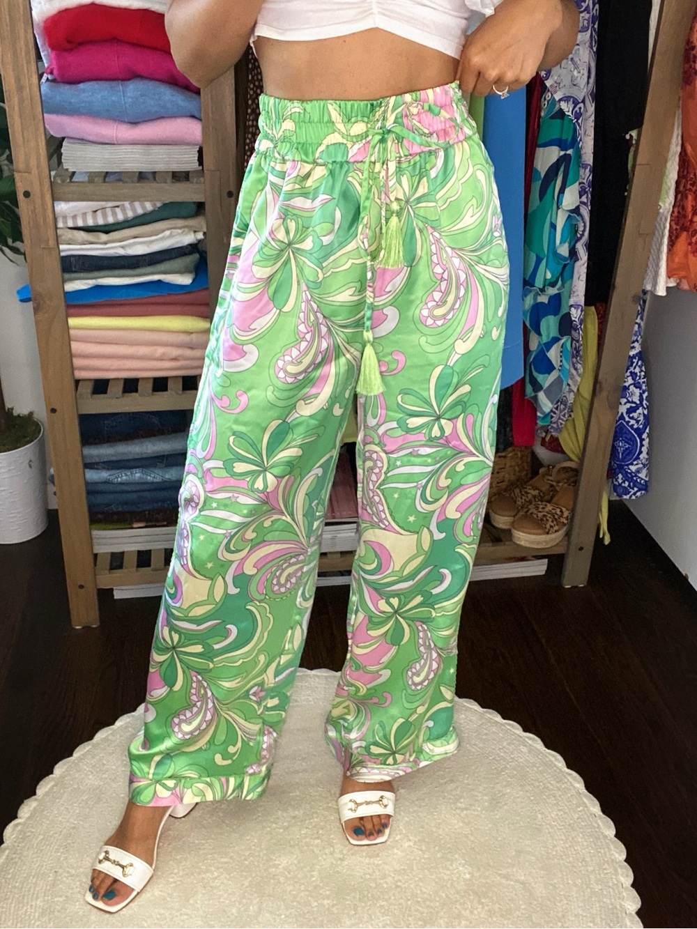 CAMILA COELHO Pastel Green and Pink Swirl Printed High Waist Wide Leg Pants! 🪷